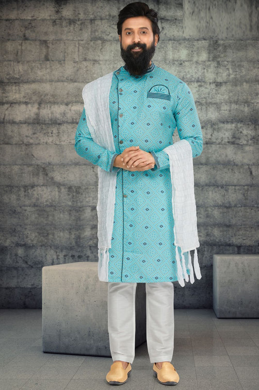 Blue Cotton Silk Indo Western (NMK-6789) - Nihal Fashions
