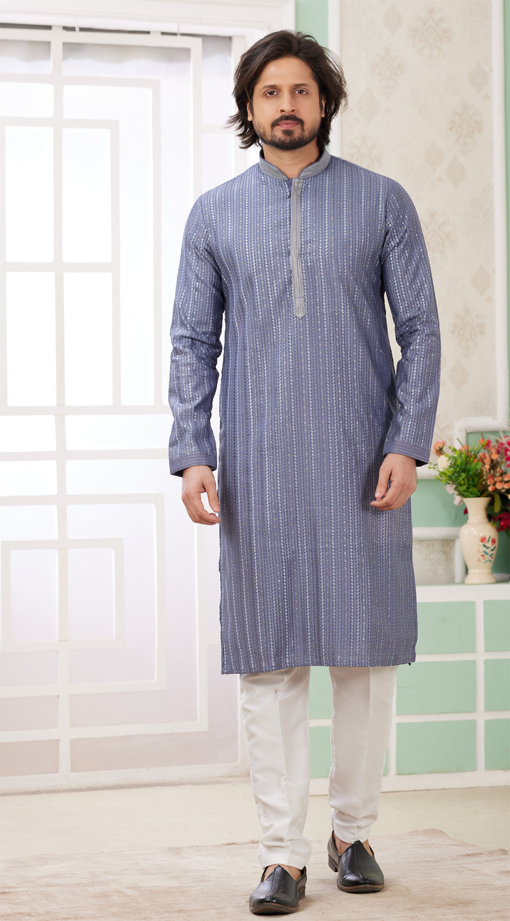 Blue Embroidered Art Silk Kurta Pajama (NMK-8361) - Nihal Fashions