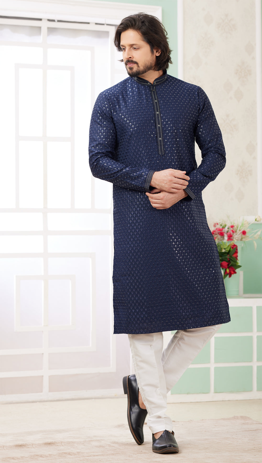 Blue Embroidered Art Silk Mens Kurta Pajama (NMK-8365) - Nihal Fashions