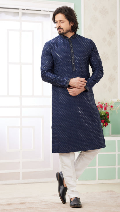 Blue Embroidered Art Silk Mens Kurta Pajama (NMK-8365) - Nihal Fashions