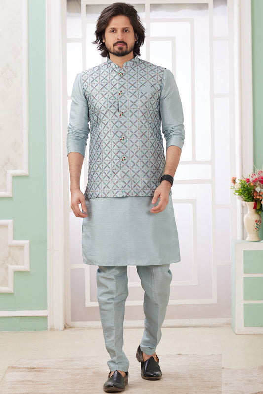 Blue Grey Art Banarasi Silk Jacket Style Kurta (NMK-8565) - Nihal Fashions