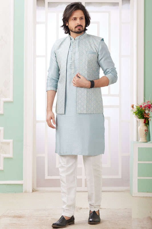 Blue Grey Art Banarasi Silk Mens Jacket Style Kurta (NMK-8567) - Nihal Fashions