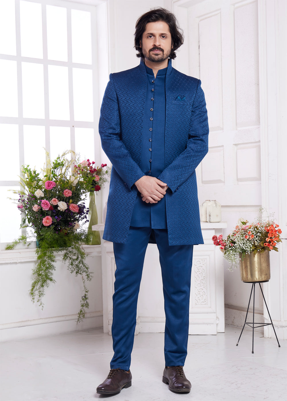 Blue Imported Jaquard Silk 3 Pcs Jacket Set (NMK-8332) - Nihal Fashions
