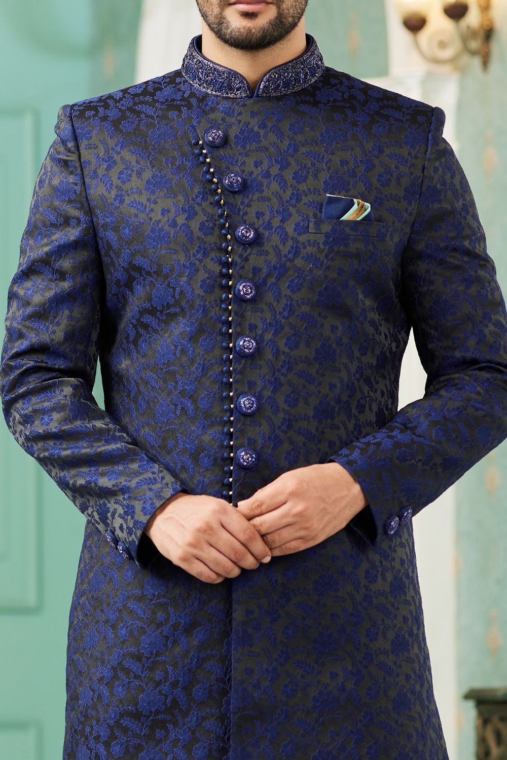 Blue Imported Jaquard Silk Indo Western (NMK-7144) - Nihal Fashions