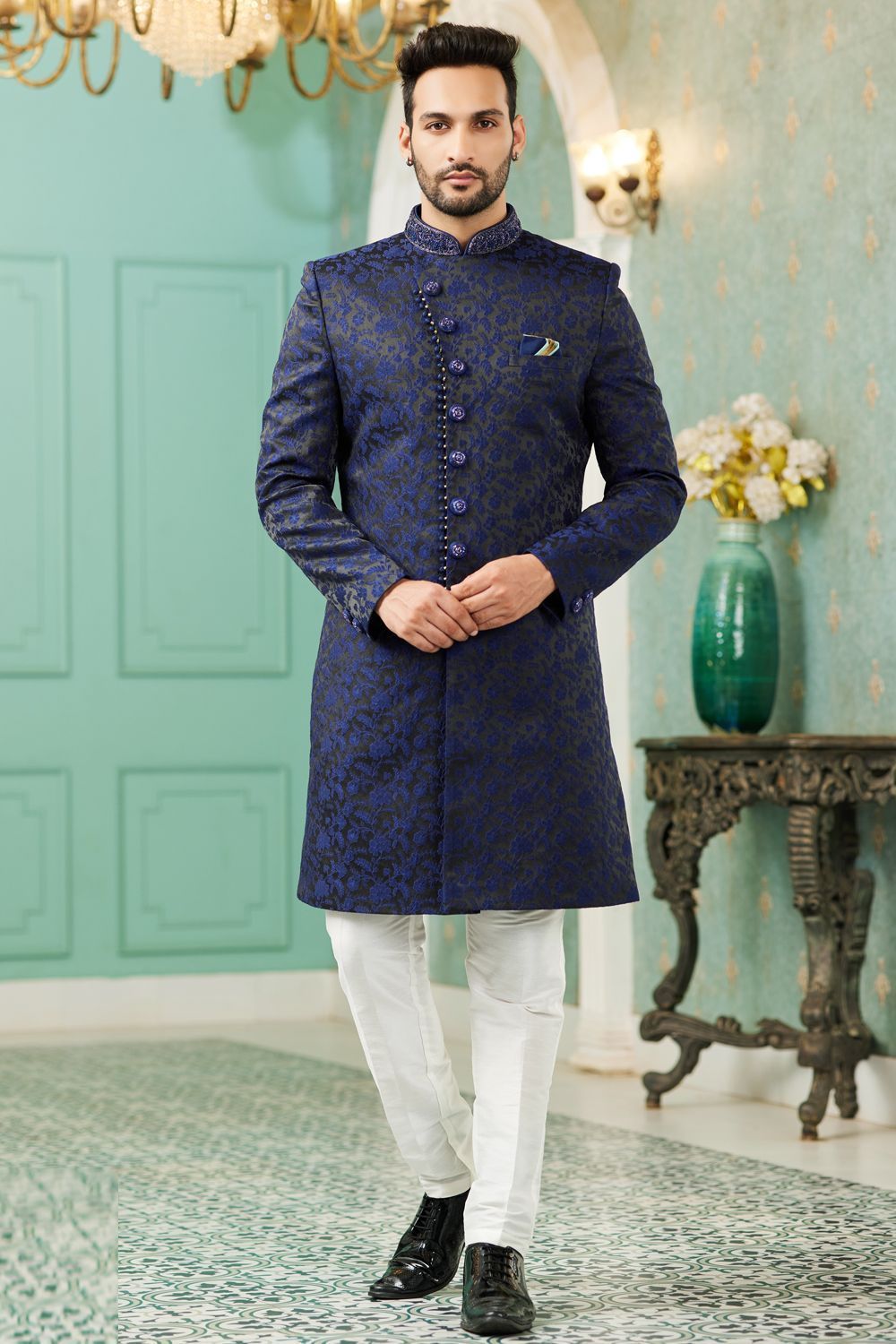 Blue Imported Jaquard Silk Indo Western (NMK-7144) - Nihal Fashions