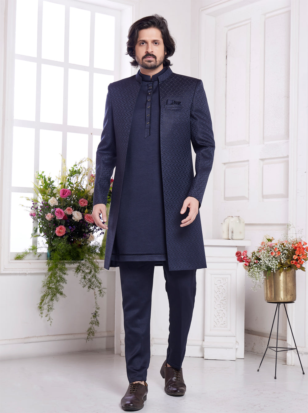Blue Imported Jaquard Silk Indowestern Jacket Set (NMK-8334) - Nihal Fashions