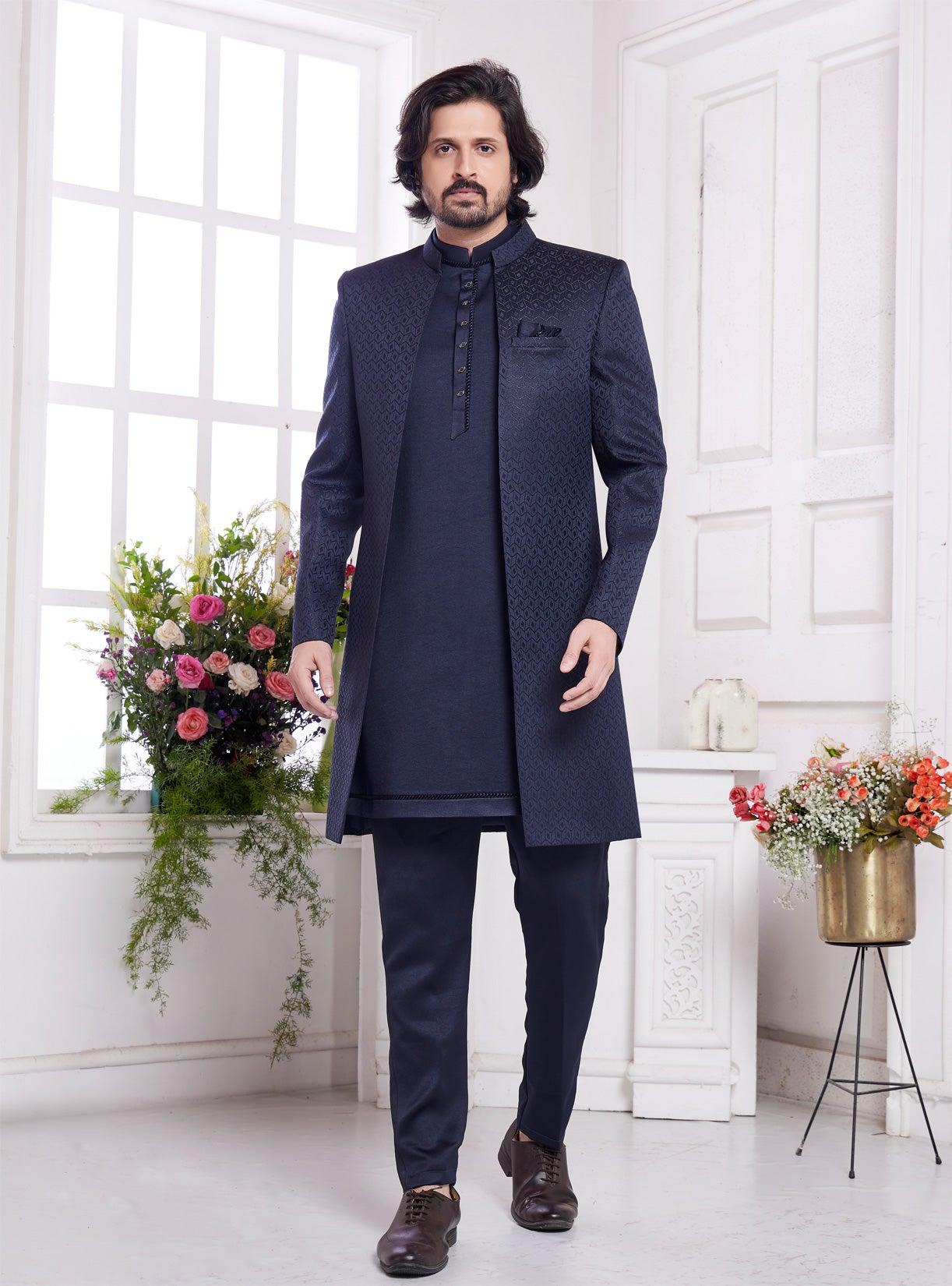 Blue Imported Jaquard Silk Indowestern Jacket Set (NMK-8334) - Nihal Fashions