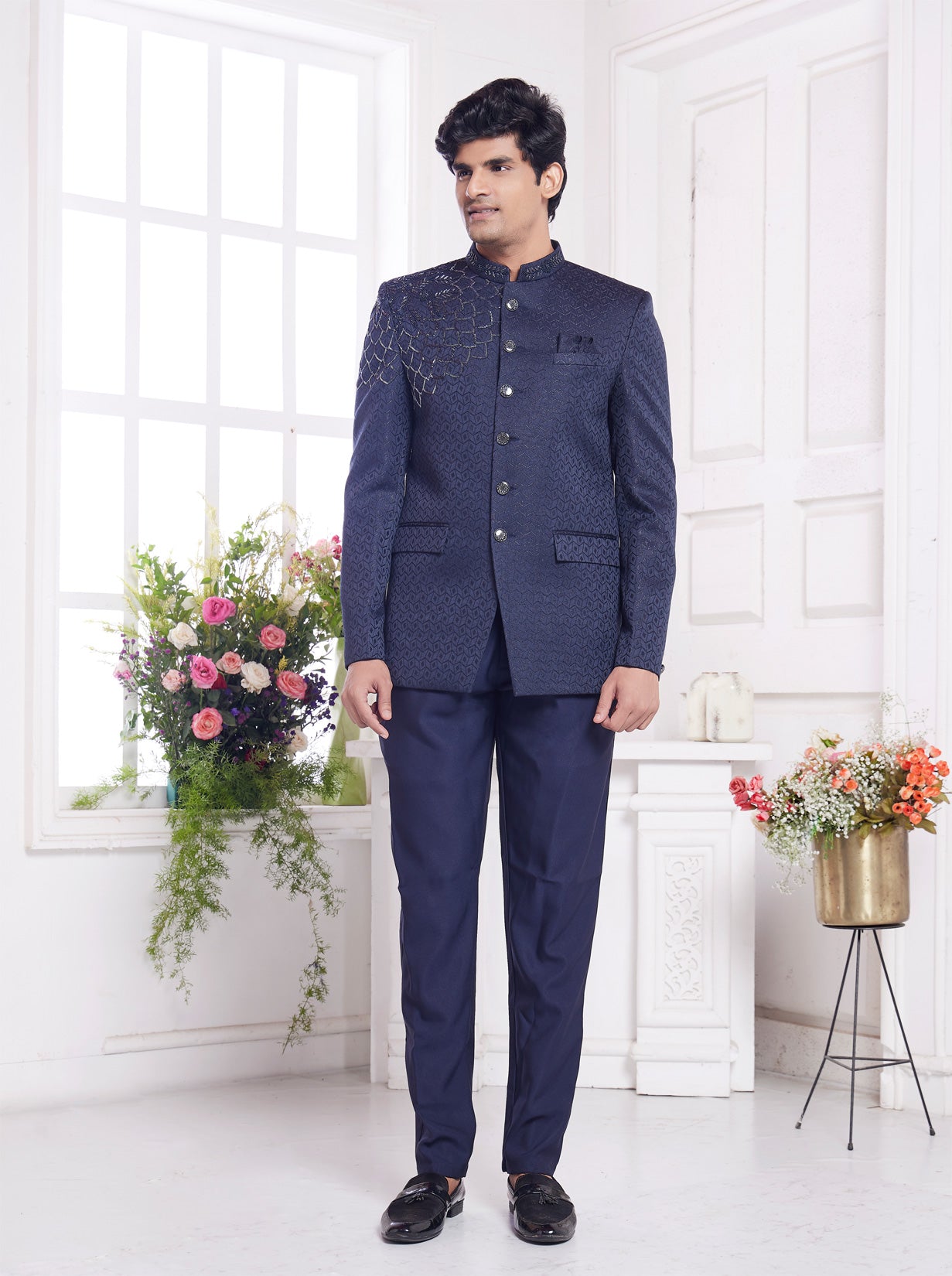 Blue Imported Jaquard Silk Jodhpuri (NMK-8343) - Nihal Fashions