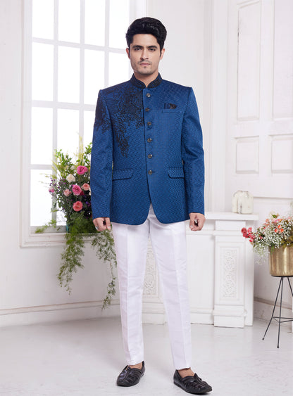 Blue Imported Jaquard Silk Mens Jodhpuri (NMK-8345) - Nihal Fashions