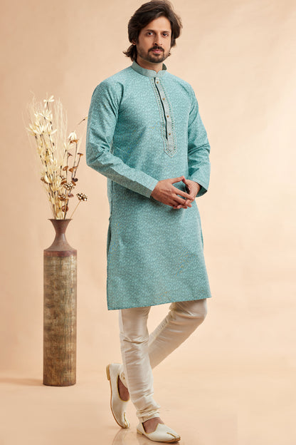Blue Jaquard Art Silk Kurta for Men (NMK-7910) - Nihal Fashions