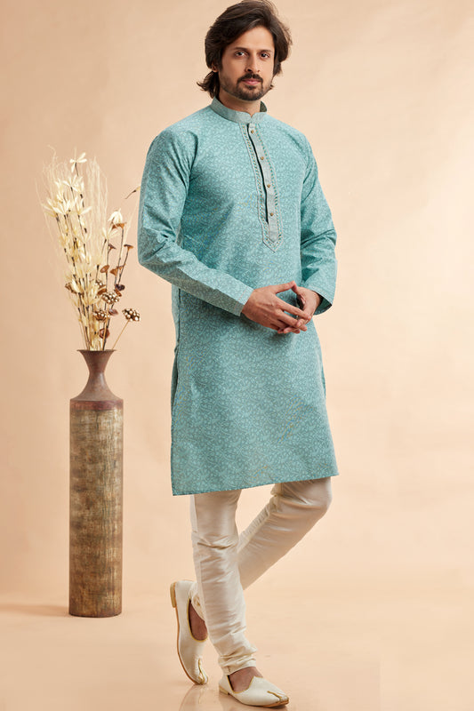 Blue Jaquard Art Silk Kurta for Men (NMK-7910) - Nihal Fashions