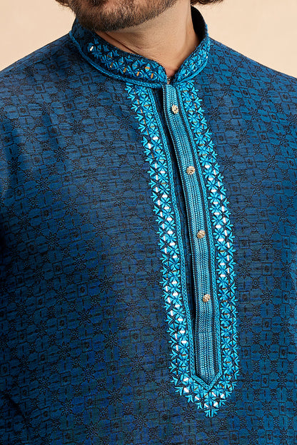 Blue Jaquard Art Silk Kurta Pajama for Men (NMK-7914) - Nihal Fashions