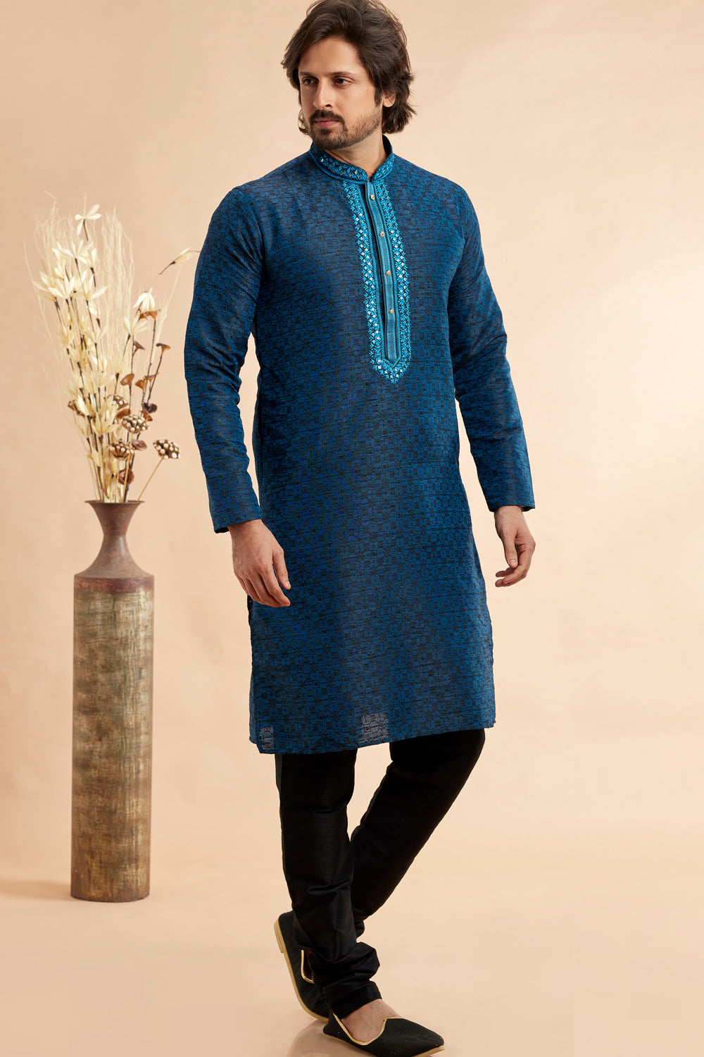 Blue Jaquard Art Silk Kurta Pajama for Men (NMK-7914) - Nihal Fashions