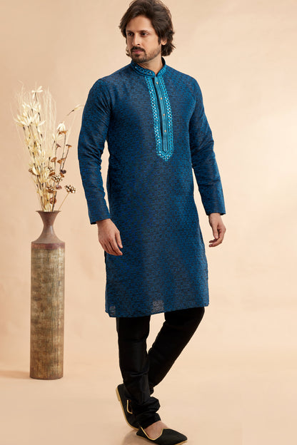 Blue Jaquard Art Silk Kurta Pajama for Men (NMK-7914) - Nihal Fashions