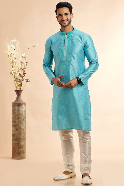 Blue Jaquard Art Silk Kurta Pajama (NMK-7904) - Nihal Fashions