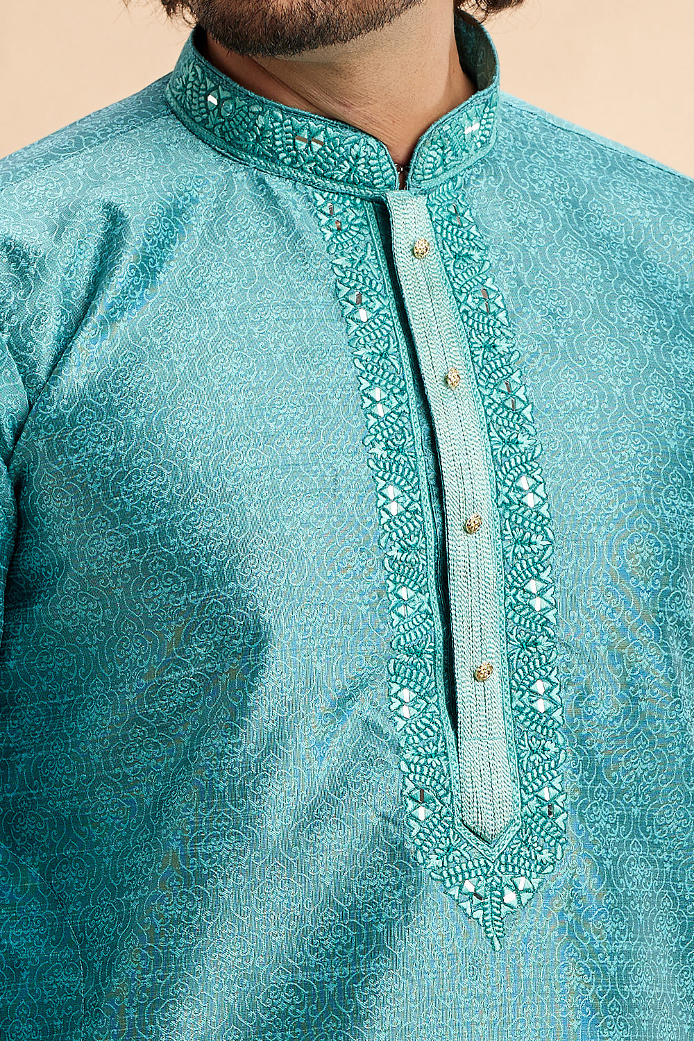 Blue Jaquard Art Silk Mens Kurta Pajama (NMK-7908) - Nihal Fashions
