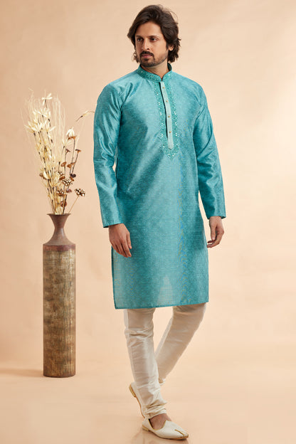 Blue Jaquard Art Silk Mens Kurta Pajama (NMK-7908) - Nihal Fashions