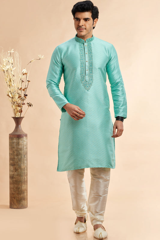 Blue Jaquard Art Silk Mens Kurta Pajama (NMK-7921) - Nihal Fashions