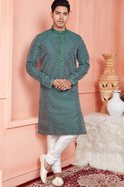 Blue Jaquard Kurta Pajama for Men (NMK-8177) - Nihal Fashions