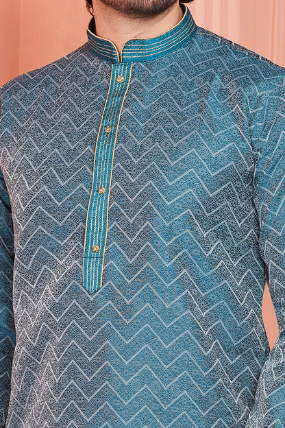 Blue Jaquard Mens Kurta Pajama (NMK-8176) - Nihal Fashions
