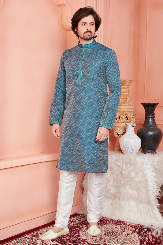 Blue Jaquard Mens Kurta Pajama (NMK-8176) - Nihal Fashions