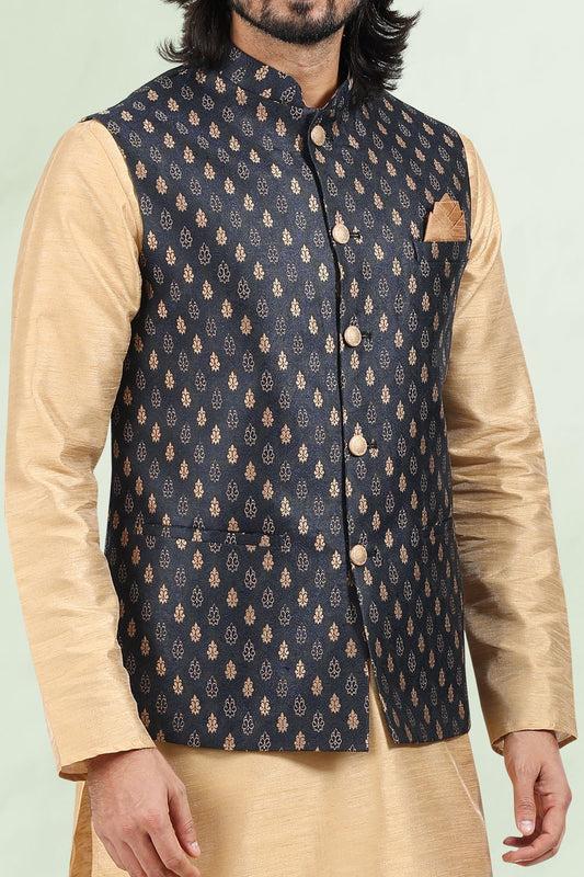 Blue Jaquard Nehru Jacket for Mens (NMK-6689) - Nihal Fashions