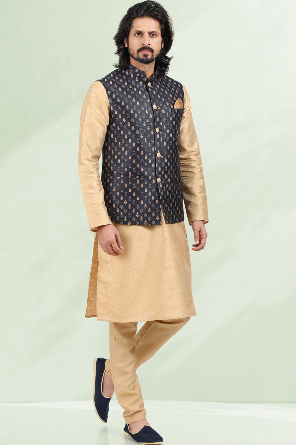 Blue Jaquard Nehru Jacket for Mens (NMK-6689) - Nihal Fashions