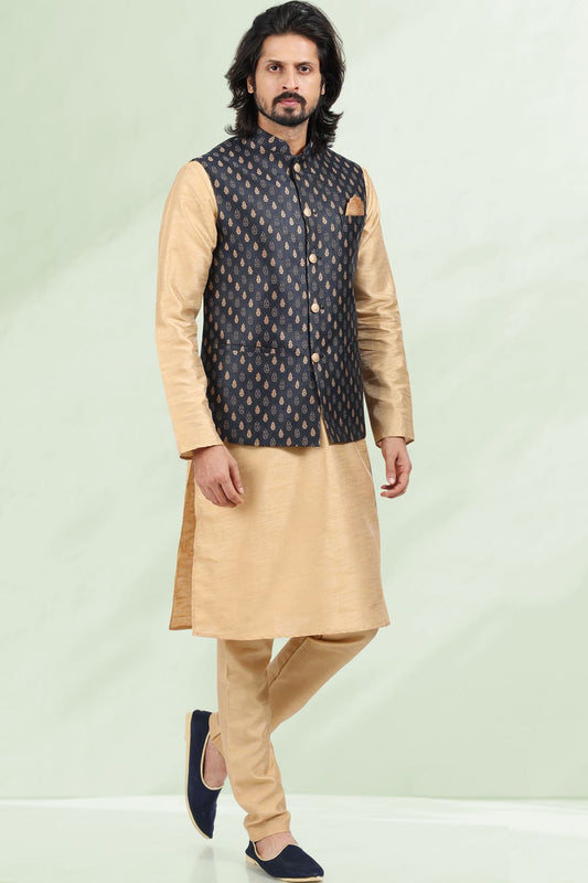 Blue Jaquard Nehru Jacket for Mens (NMK-6689) - Nihal Fashions