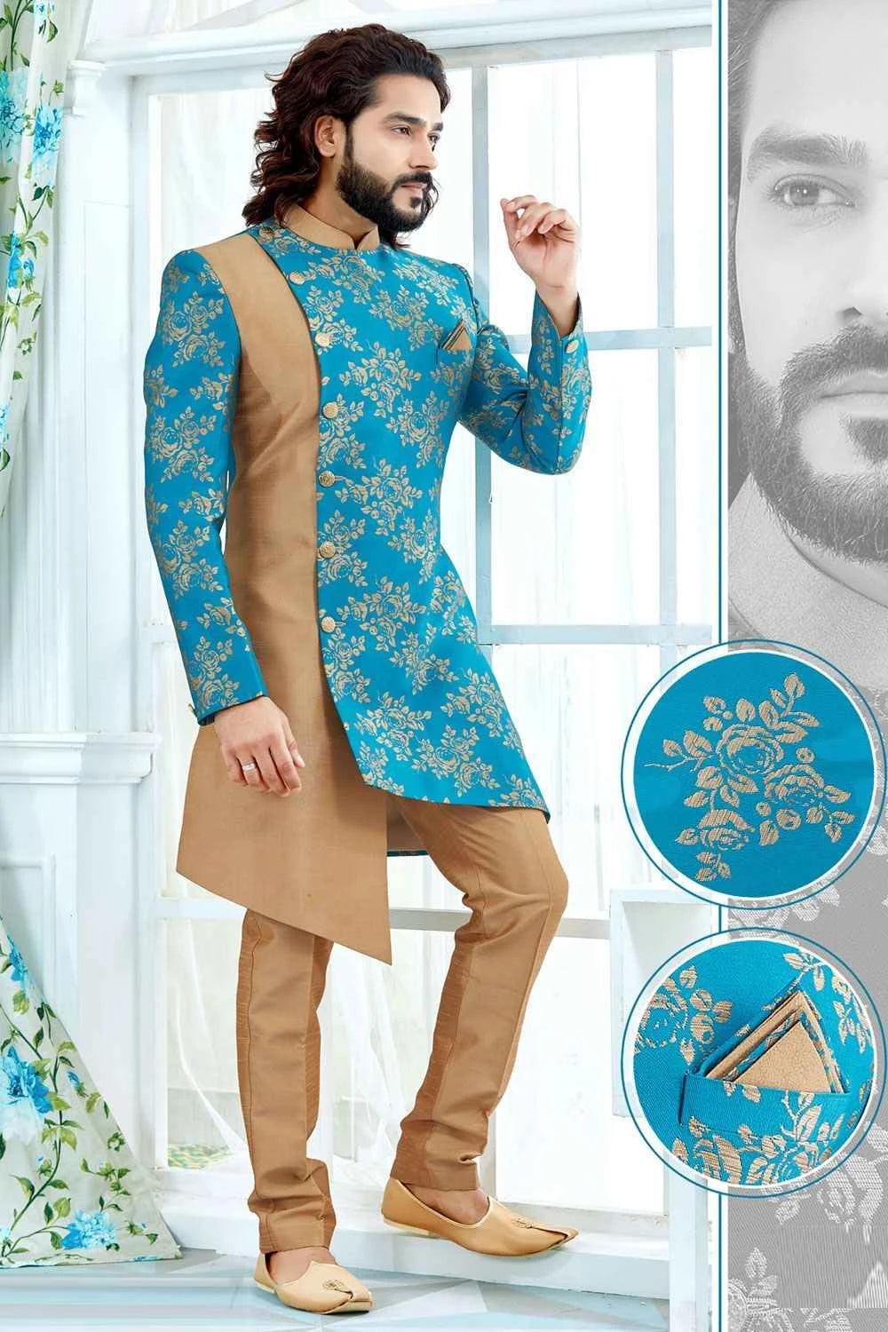 Blue Jaquard Sherwani (NMK-4133)
