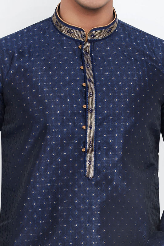 Blue Jaquard Silk Brocade Kurta for Men (NMK-7745) - Nihal Fashions