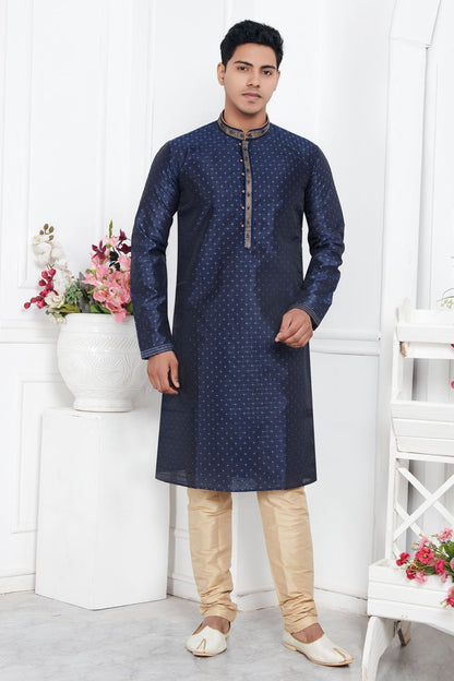 Blue Jaquard Silk Brocade Kurta for Men (NMK-7745) - Nihal Fashions