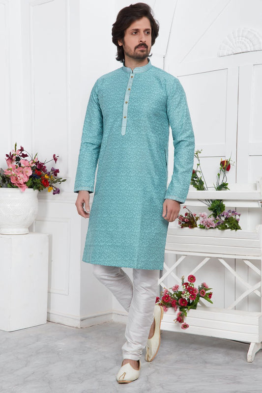 Blue Jaquard Silk Brocade Kurta (NMK-7736) - Nihal Fashions