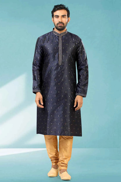 Blue Jaquard Silk Brocade Kurta Pajama (NMK-5193)