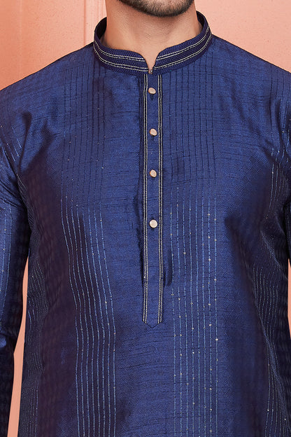 Blue Jaquard Silk Brocade Kurta Pajama (NMK-8151) - Nihal Fashions