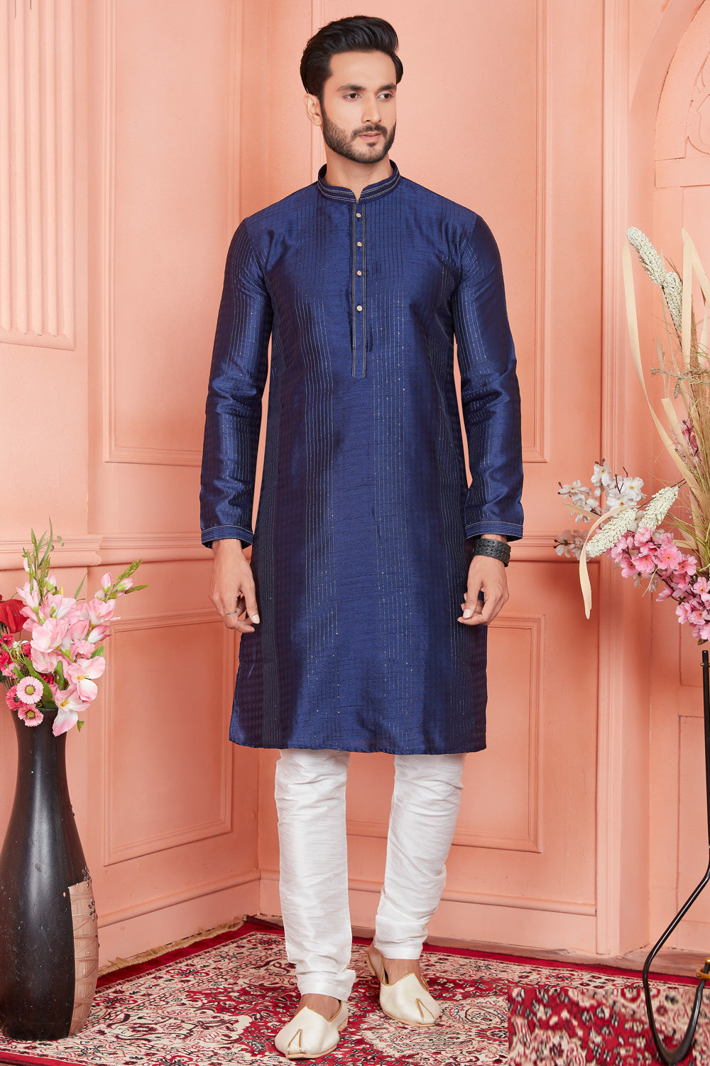 Blue Jaquard Silk Brocade Kurta Pajama (NMK-8151) - Nihal Fashions