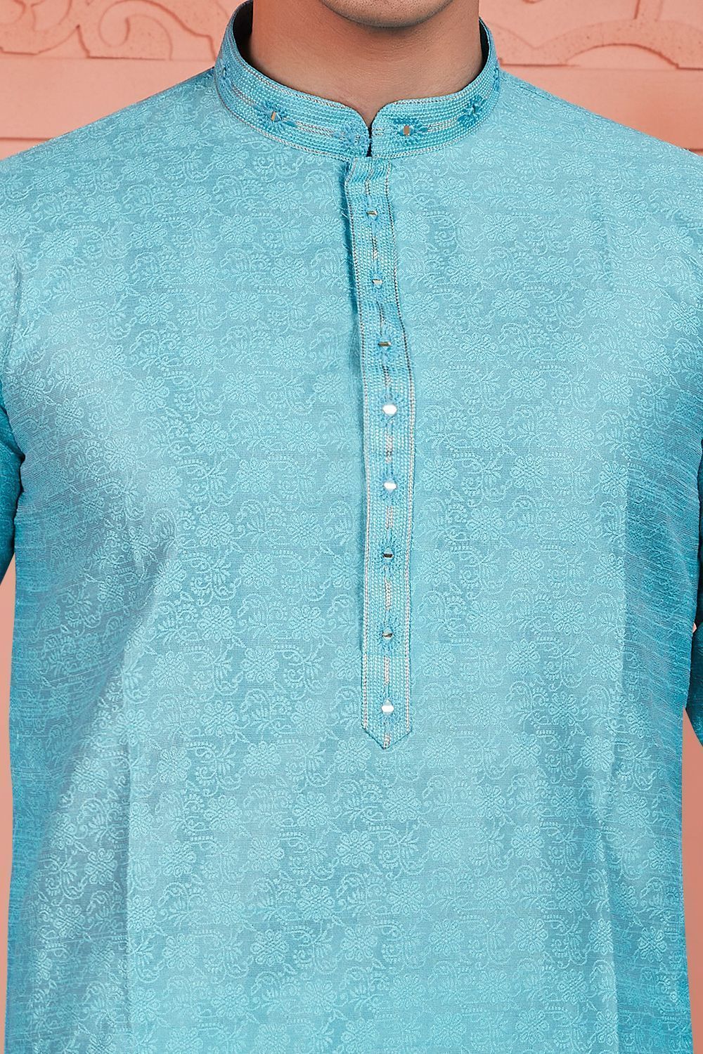 Blue Jaquard Silk Brocade Kurtas for Men (NMK-7756) - Nihal Fashions