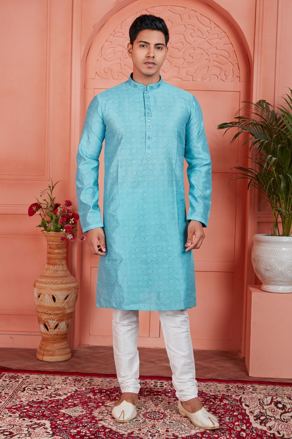 Blue Jaquard Silk Brocade Kurtas for Men (NMK-7756) - Nihal Fashions