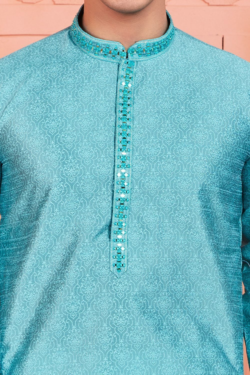 Blue Jaquard Silk Brocade Kurtas for Men (NMK-7758) - Nihal Fashions