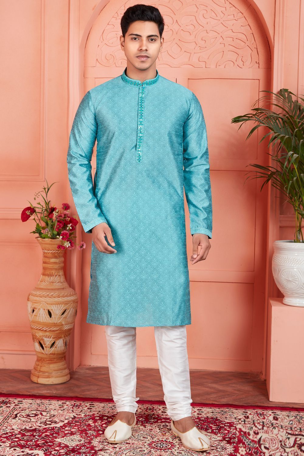 Blue Jaquard Silk Brocade Kurtas for Men (NMK-7758) - Nihal Fashions