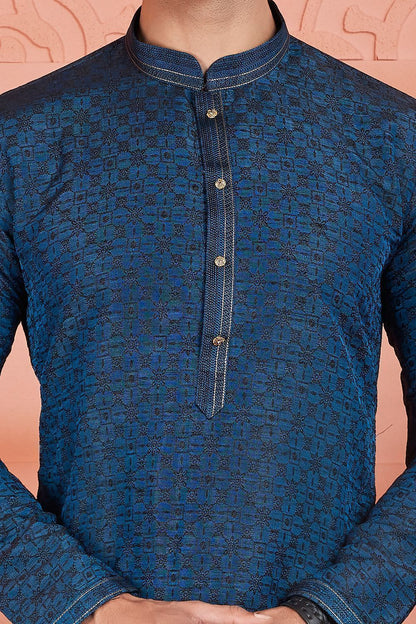 Blue Jaquard Silk Brocade Kurtas (NMK-7762) - Nihal Fashions