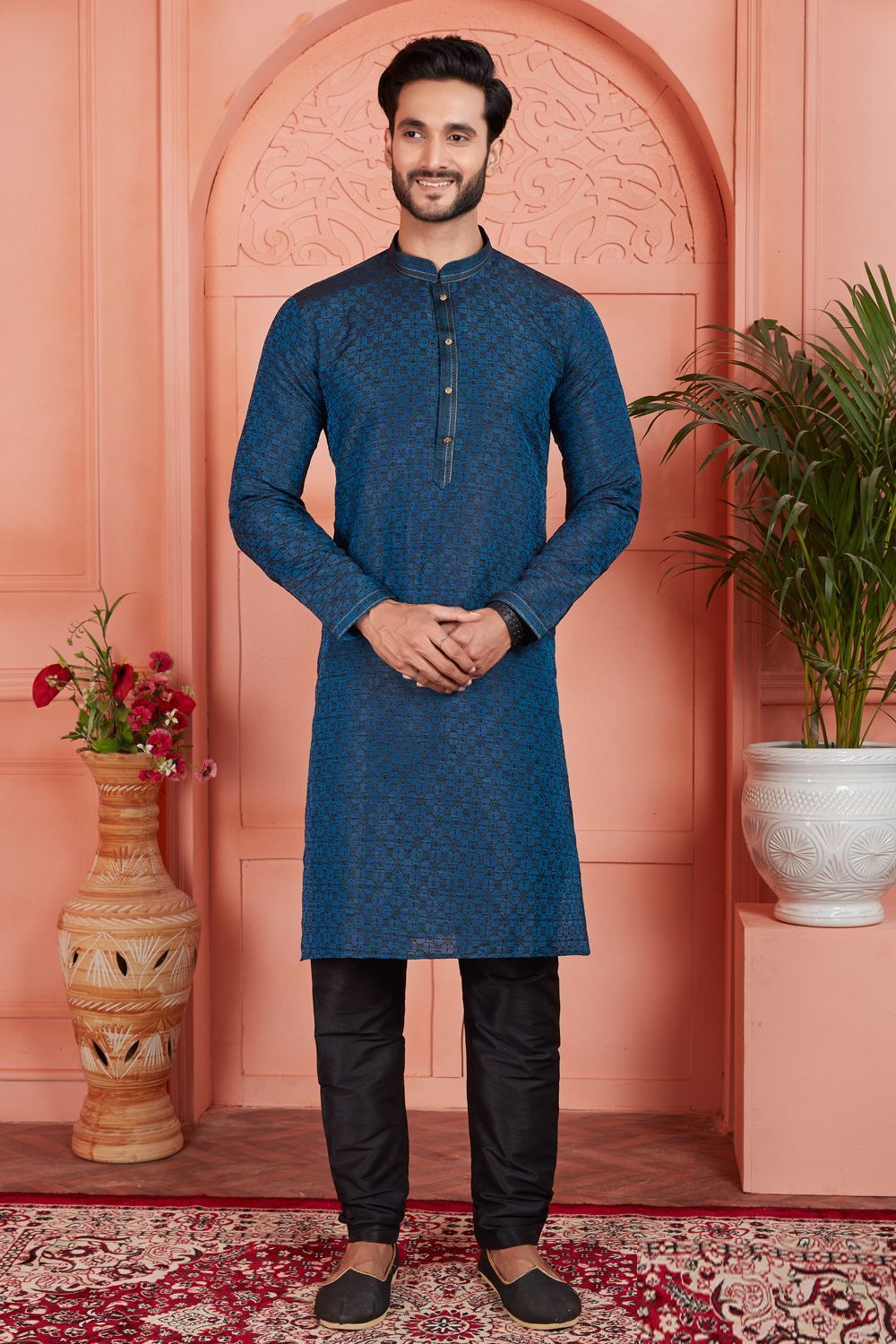 Blue Jaquard Silk Brocade Kurtas (NMK-7762) - Nihal Fashions