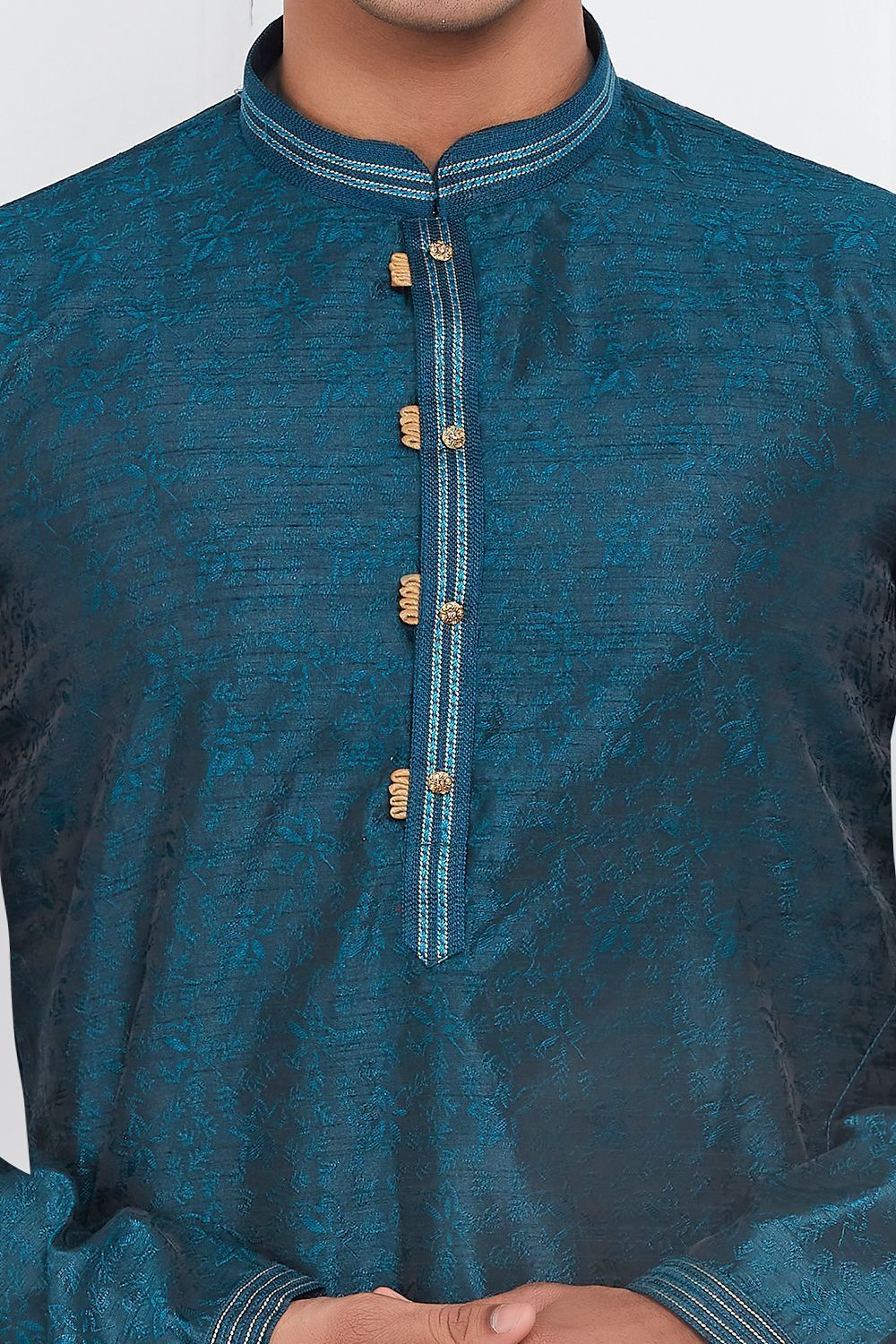 Blue Jaquard Silk Brocade Mens Kurta (NMK-7740) - Nihal Fashions