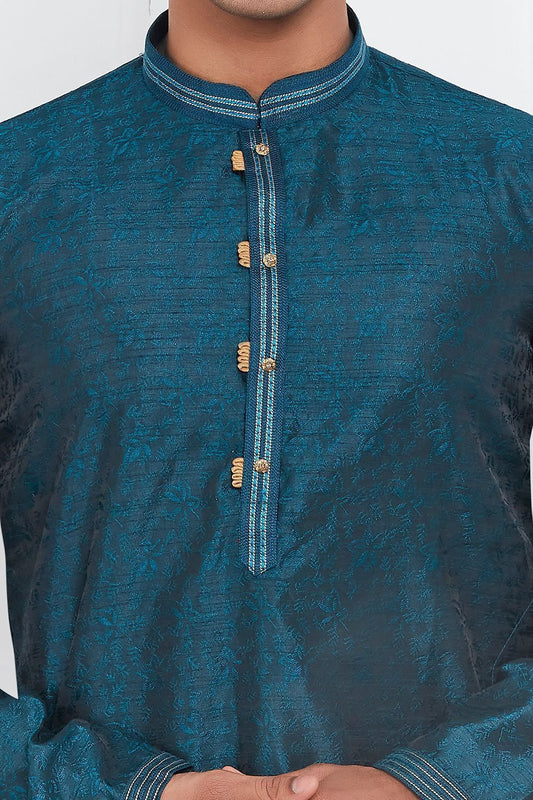 Blue Jaquard Silk Brocade Mens Kurta (NMK-7740) - Nihal Fashions