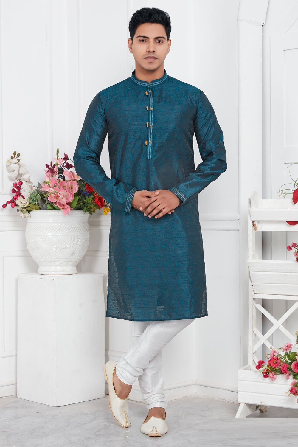 Blue Jaquard Silk Brocade Mens Kurta (NMK-7740) - Nihal Fashions
