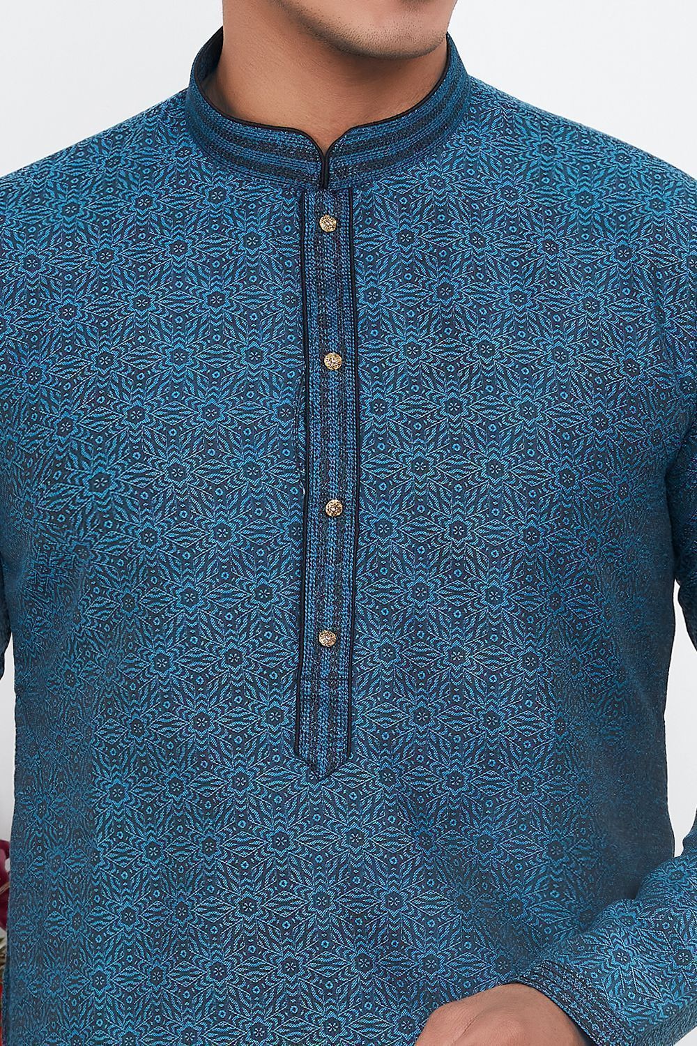 Blue Jaquard Silk Brocade Mens Kurta (NMK-7746) - Nihal Fashions