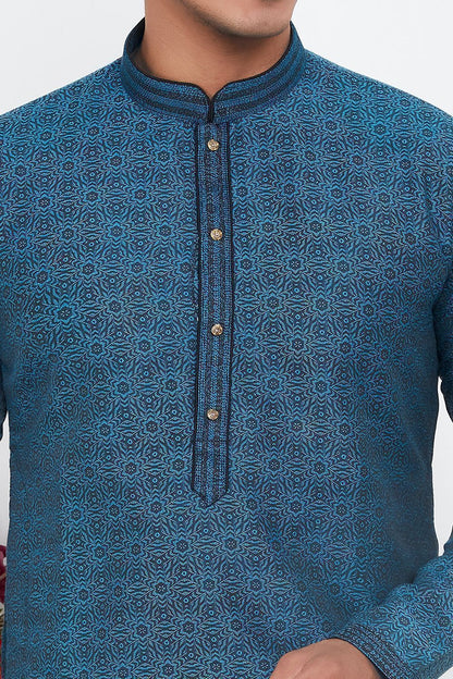 Blue Jaquard Silk Brocade Mens Kurta (NMK-7746) - Nihal Fashions
