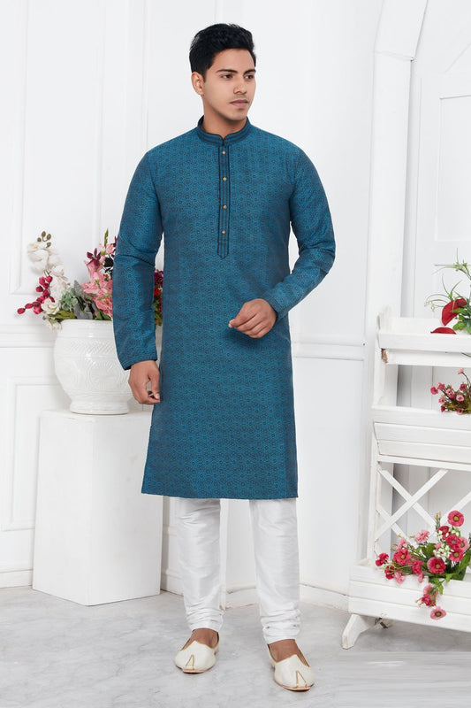 Blue Jaquard Silk Brocade Mens Kurta (NMK-7746) - Nihal Fashions