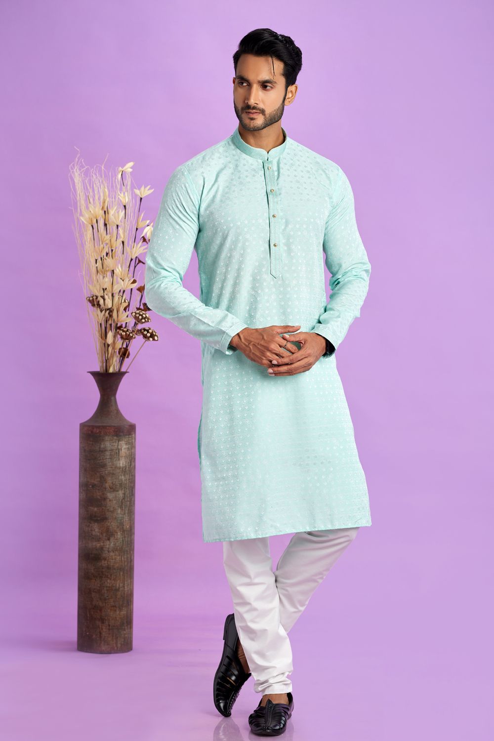 Blue Jaquard Silk Kurta Pajama (NMK-7564) - Nihal Fashions