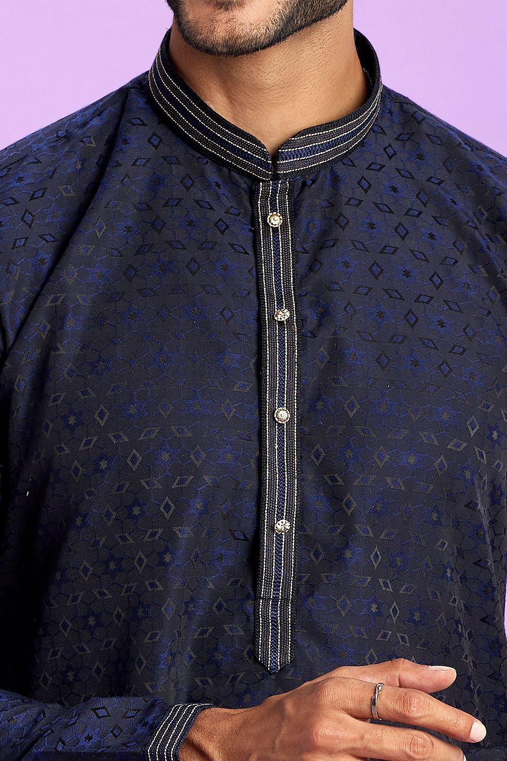 Blue Jaquard Silk Kurta Pajama (NMK-7574) - Nihal Fashions