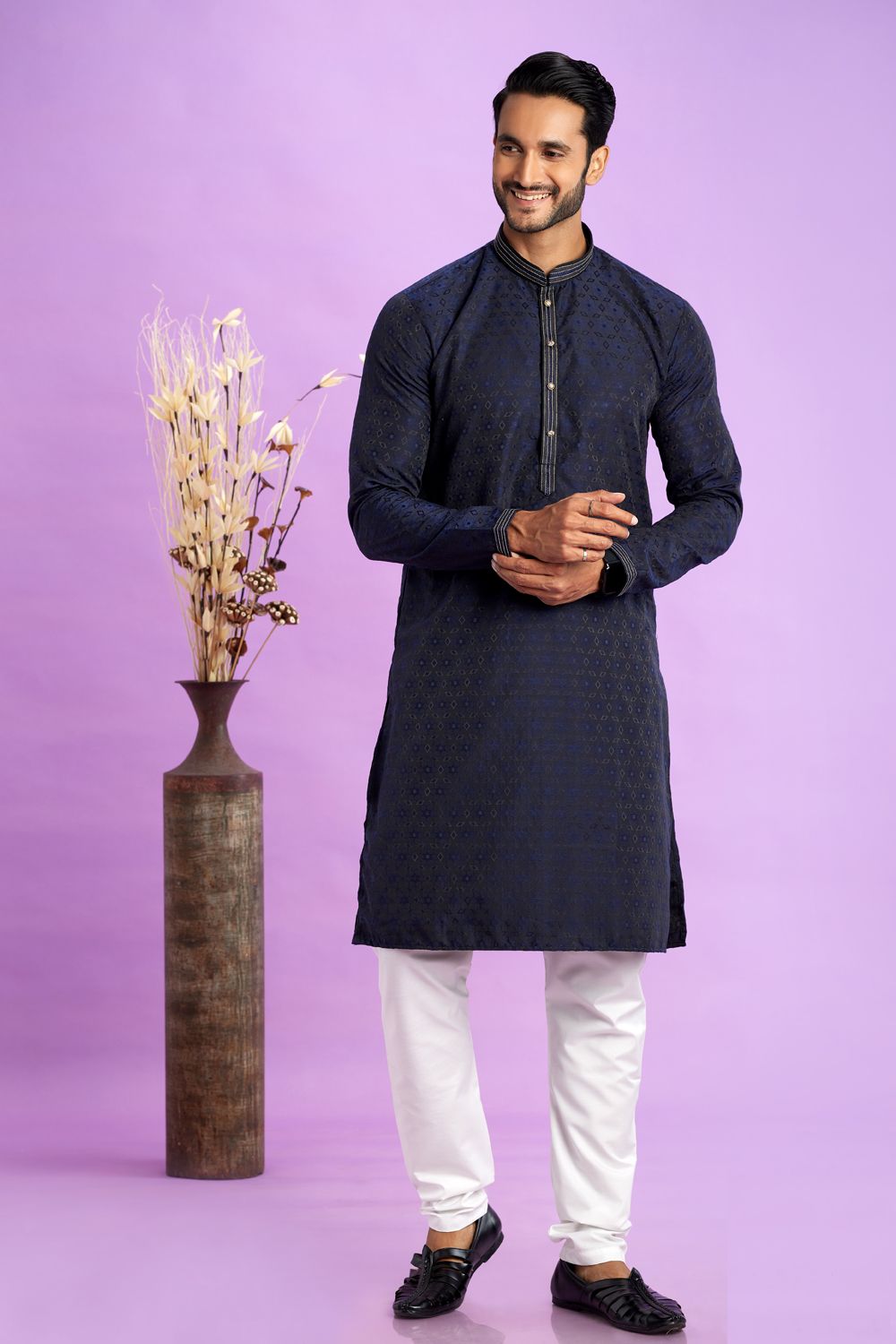 Blue Jaquard Silk Kurta Pajama (NMK-7574) - Nihal Fashions
